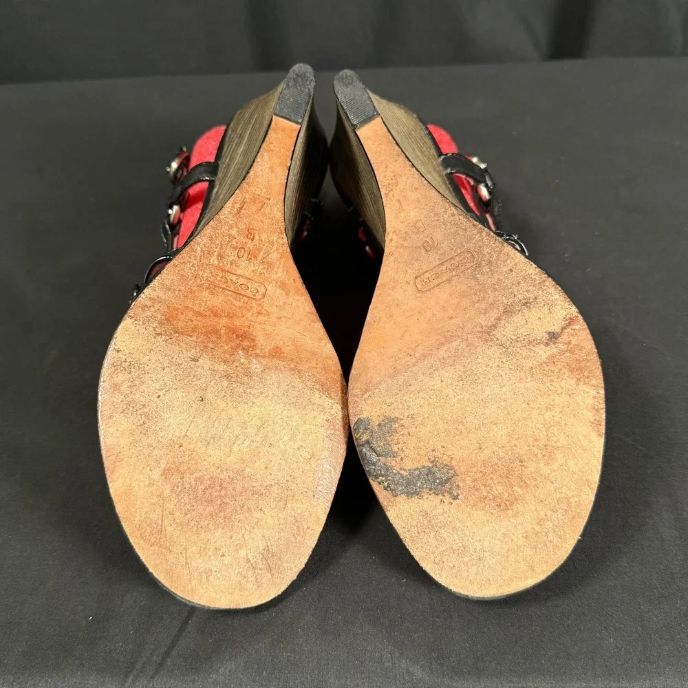 Coach Harper Wedge Sandals Black Calf Leather Studded Medallion Womens 10B A0216
